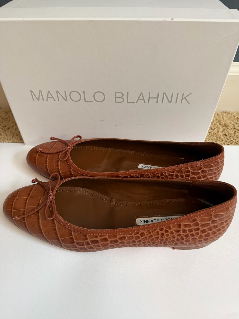 Manolo Blahnik Chestnut Croc-Embossed Leather Ballet Flats